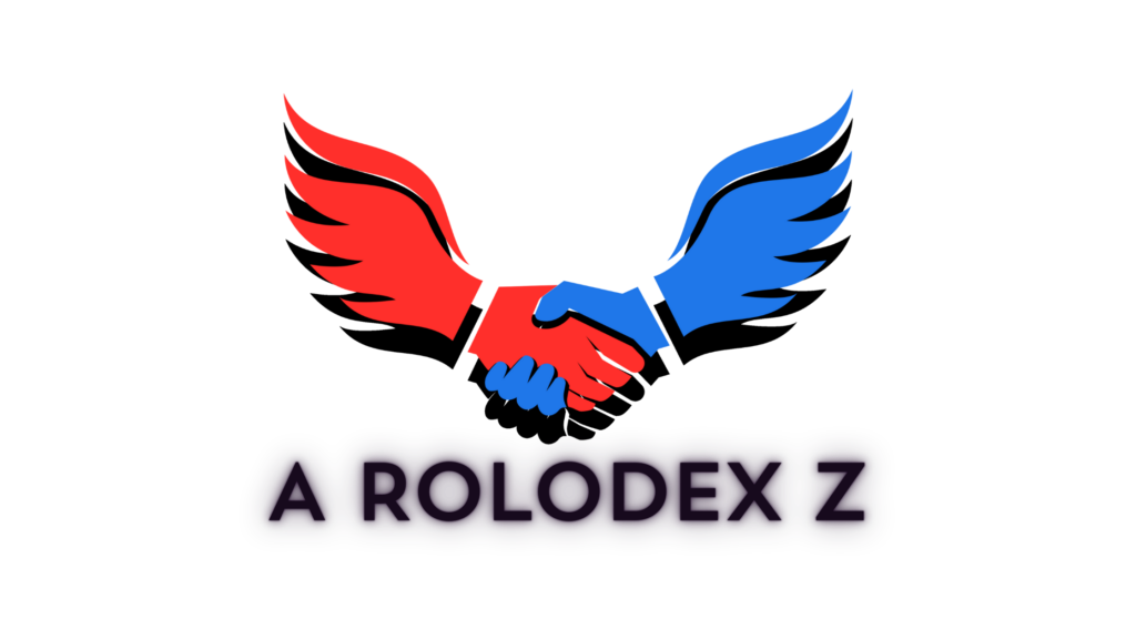 "A Rolodex Z logo - Red and blue handshake with wings, symbolizing business connections and partnerships."