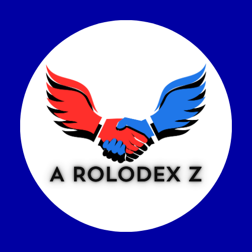 "A Rolodex Z logo - Red and blue handshake with wings, symbolizing business connections and partnerships."