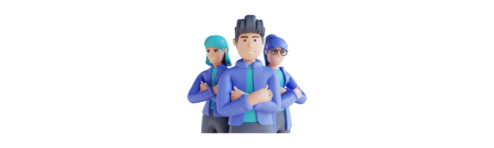 3D illustration of confident professionals standing together, representing teamwork and service flow