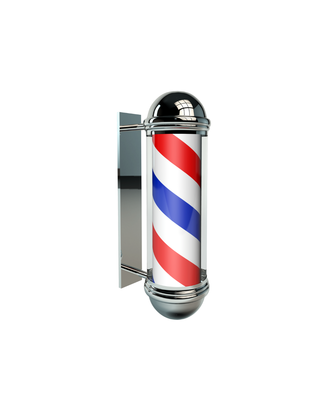 3D image of a classic red, white, and blue barber pole representing hairdresser services