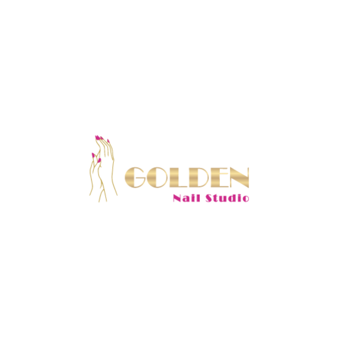 Golden Nail Studio logo with elegant golden typography and female hands symbolizing luxury nail care.