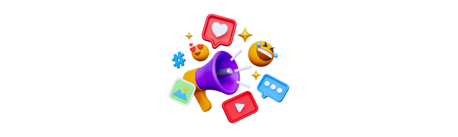 3D illustration with megaphone, emojis, and media icons representing brand visuals
