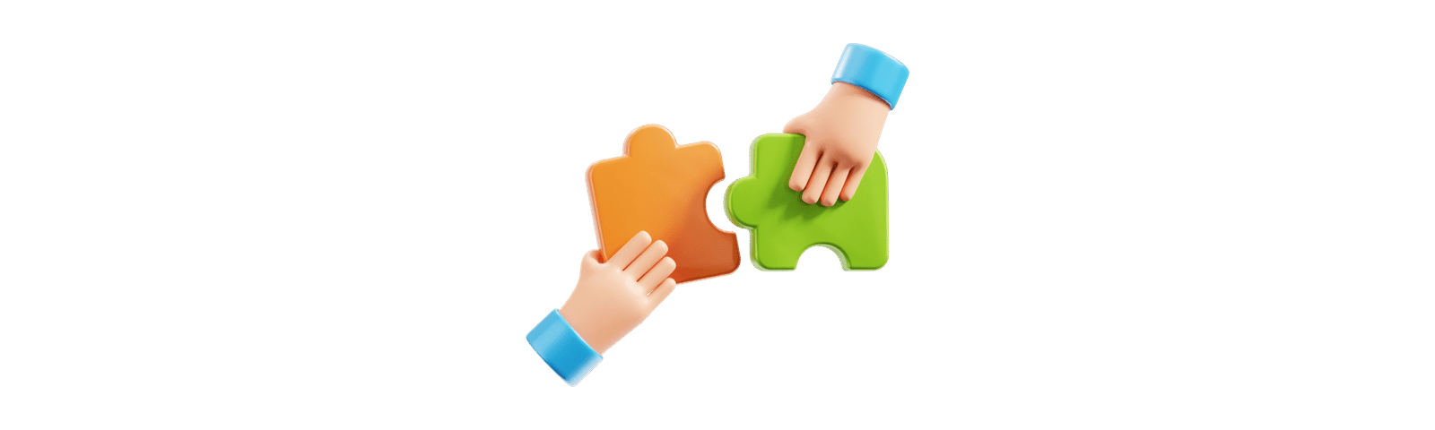 Illustration of two hands connecting puzzle pieces representing teamwork and collaboration, used in the “Meet the Team” section to highlight people behind the brand.