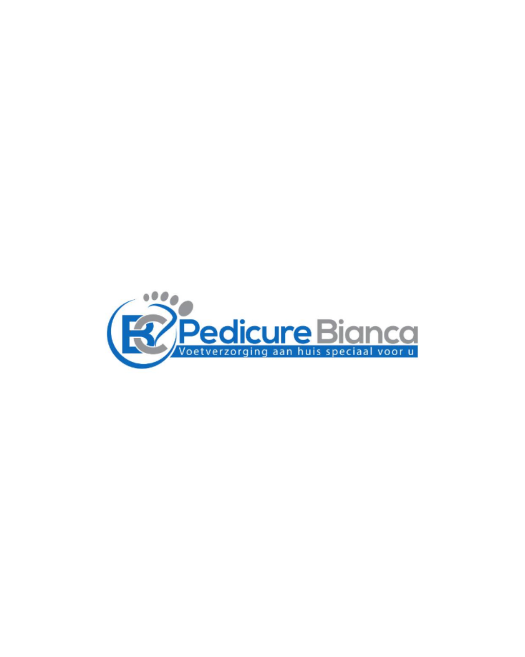Pedicure Bianca logo with blue text and foot icon, including tagline for home footcare.