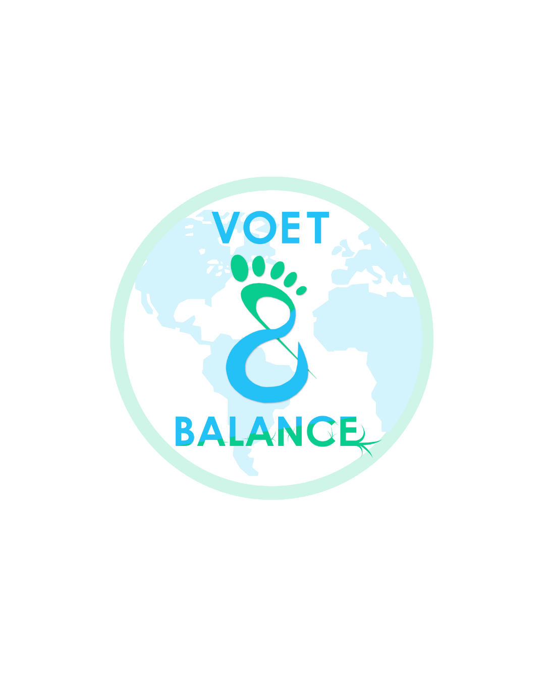 Voet Balance logo with foot and globe, symbolizing worldwide reflexology balance.