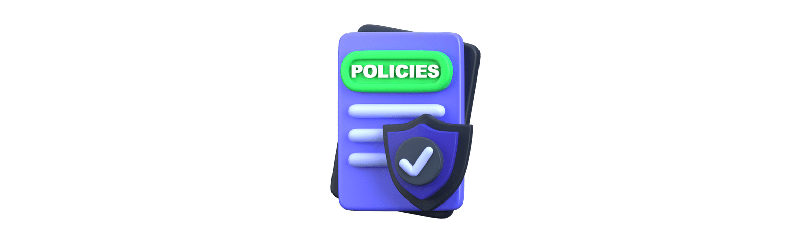 3D icon of policy document with green "POLICIES" button and shield symbol