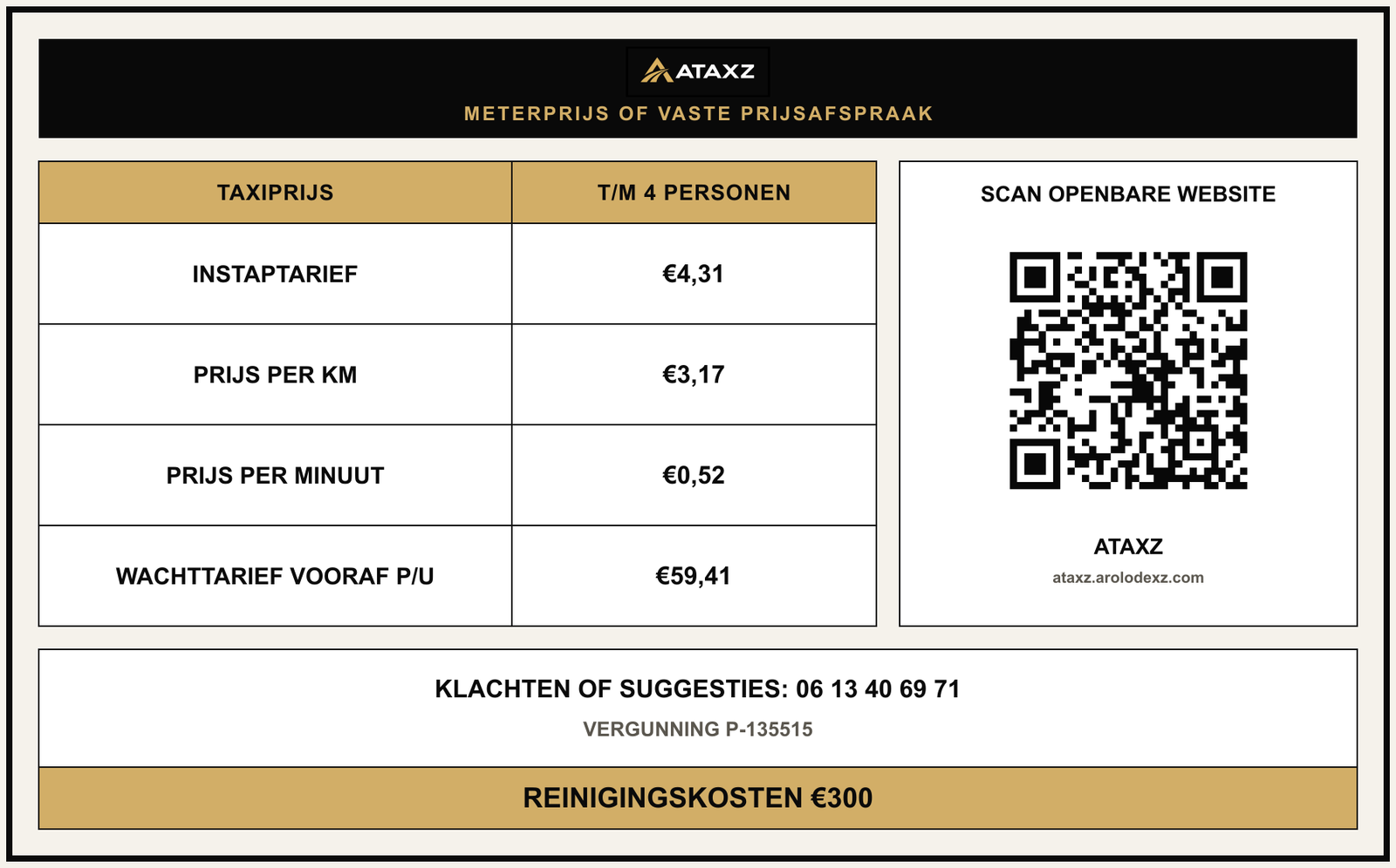ATAXZ taximeter rates, fixed-price option, contact information and permit number